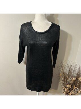 New Awake Couture Women Sweater Tunic Coated Glossy Knit Black Short Sleeve Sz L